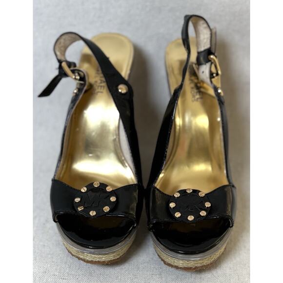 Michael Kors Women's Heels Black Patent Espadrille Wedge Size 6.5 - Picture 2 of 6